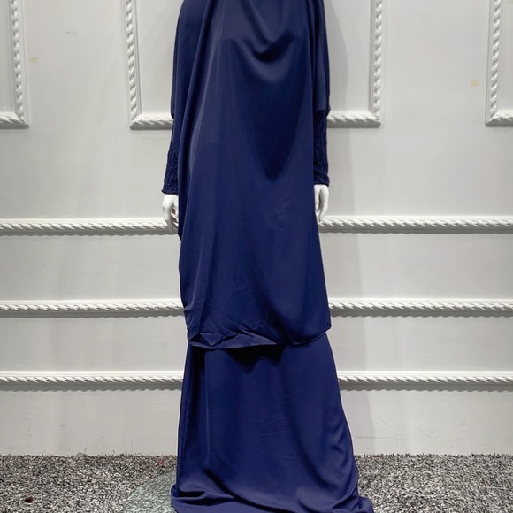 Navy Blue Two Piece Jilbab Set Muslim Woman Prayer Dress - Picture 3 of 3